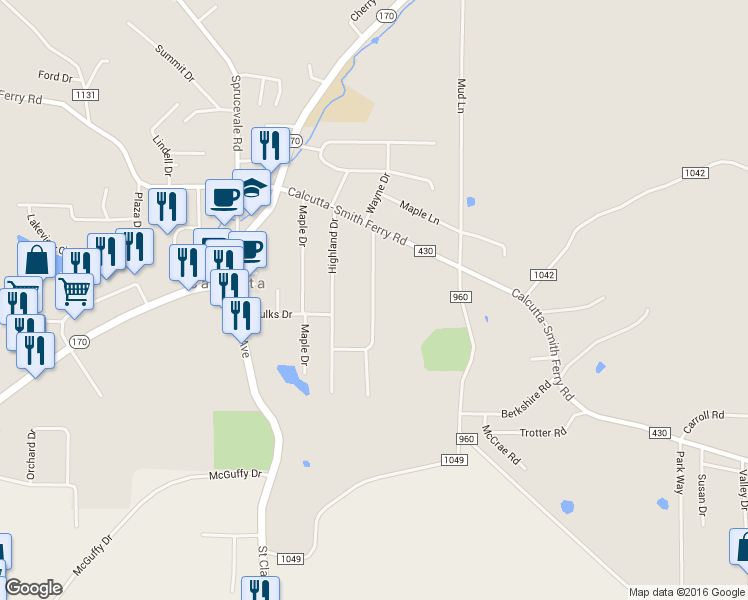 map of restaurants, bars, coffee shops, grocery stores, and more near 15766 Pineview Drive in Calcutta