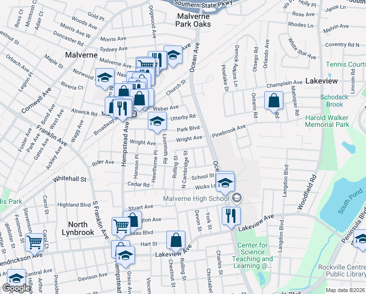 map of restaurants, bars, coffee shops, grocery stores, and more near 10 Alden Court in Malverne