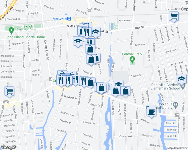 map of restaurants, bars, coffee shops, grocery stores, and more near Broadway & Cedar St in Amityville