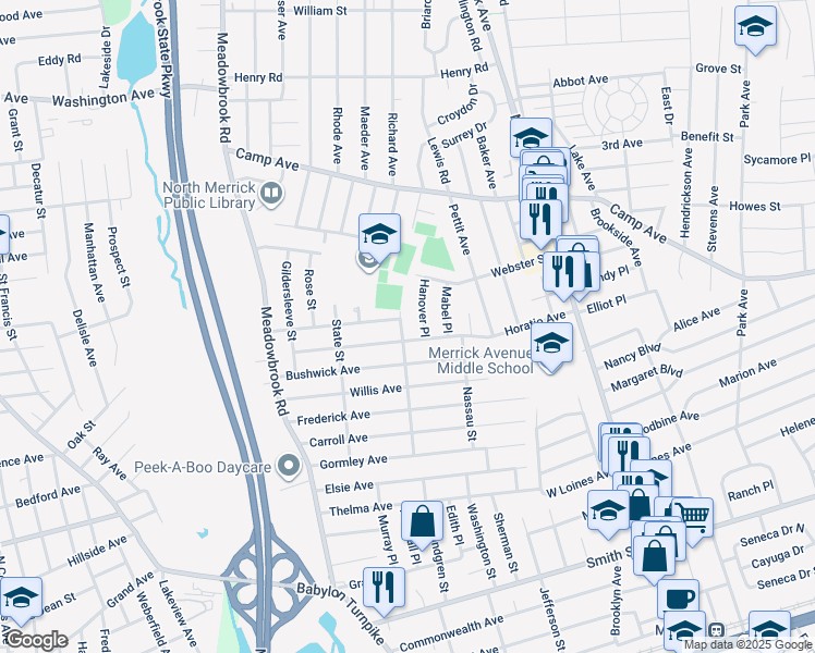 map of restaurants, bars, coffee shops, grocery stores, and more near 1825 Schermerhorn Street in Merrick