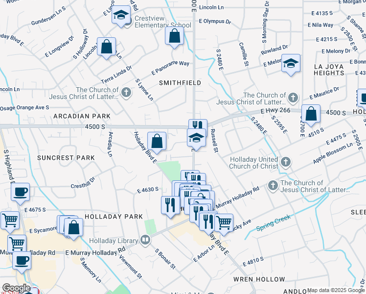map of restaurants, bars, coffee shops, grocery stores, and more near 2262 Carriage Lane in Holladay