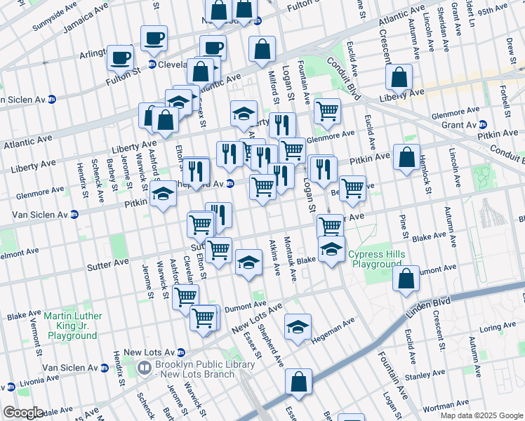 map of restaurants, bars, coffee shops, grocery stores, and more near 250 Berriman Street in Brooklyn