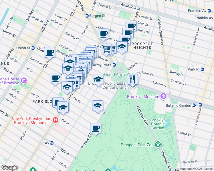 map of restaurants, bars, coffee shops, grocery stores, and more near 916 President Street in Brooklyn