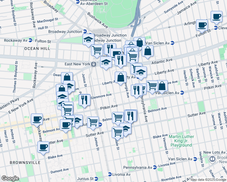 map of restaurants, bars, coffee shops, grocery stores, and more near 142 Williams Avenue in Brooklyn