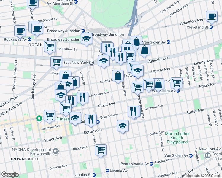 map of restaurants, bars, coffee shops, grocery stores, and more near 142 Williams Avenue in Brooklyn
