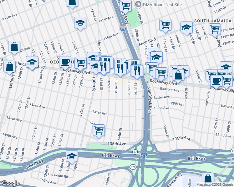map of restaurants, bars, coffee shops, grocery stores, and more near 12275 134th Street in Queens