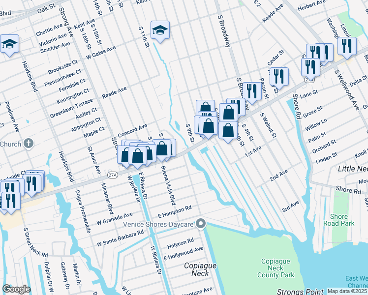 map of restaurants, bars, coffee shops, grocery stores, and more near 565 West Montauk Highway in Lindenhurst