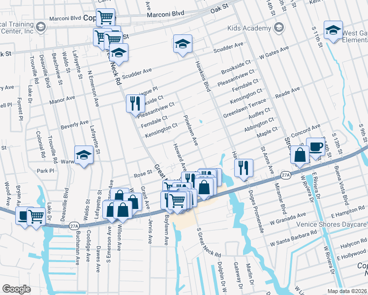 map of restaurants, bars, coffee shops, grocery stores, and more near 84A Abbington Court in Copiague