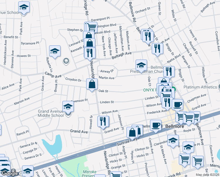 map of restaurants, bars, coffee shops, grocery stores, and more near in Bellmore