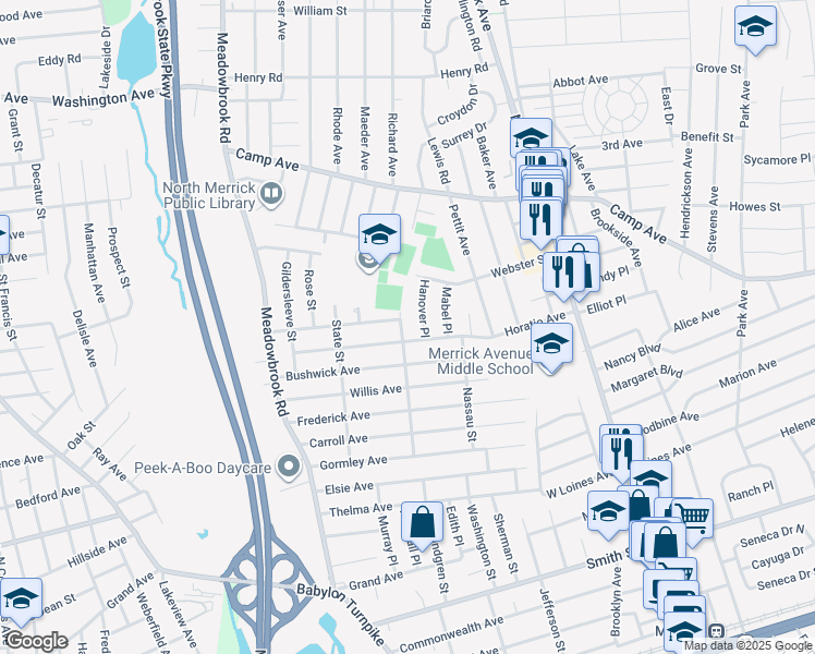 map of restaurants, bars, coffee shops, grocery stores, and more near 1825 Schermerhorn Street in Merrick