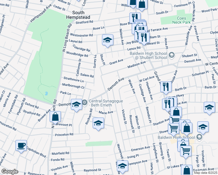 map of restaurants, bars, coffee shops, grocery stores, and more near 181 Kenneth Avenue in Baldwin
