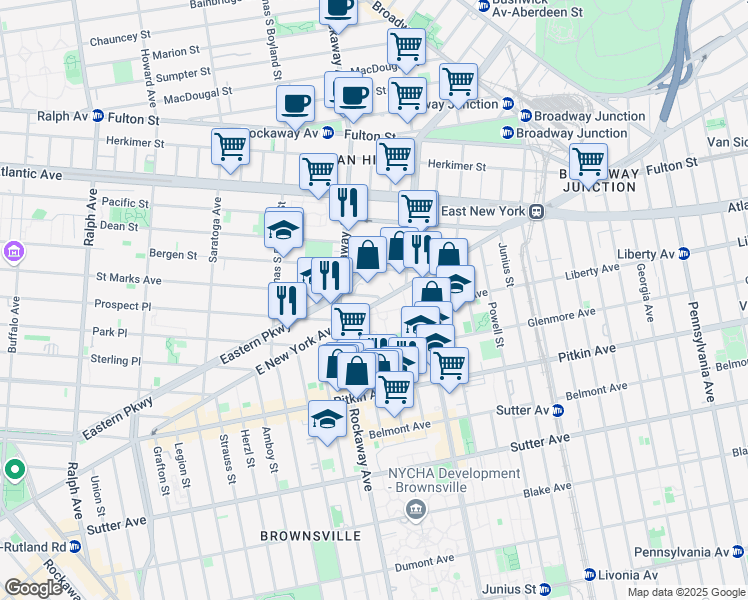 map of restaurants, bars, coffee shops, grocery stores, and more near 1580 East New York Avenue in Brooklyn