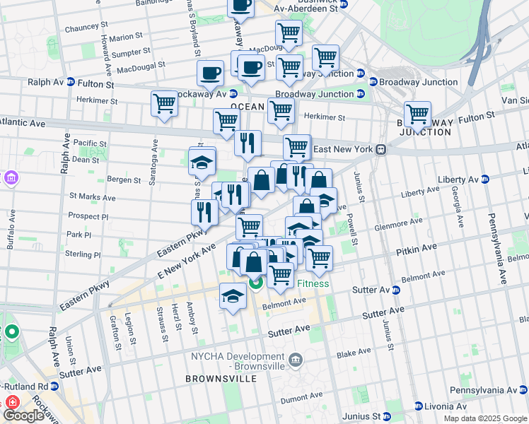 map of restaurants, bars, coffee shops, grocery stores, and more near 1580 East New York Avenue in Brooklyn