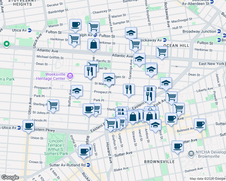map of restaurants, bars, coffee shops, grocery stores, and more near 1752 Prospect Place in Brooklyn