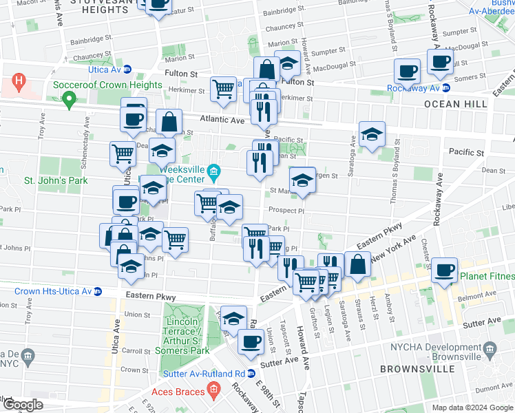 map of restaurants, bars, coffee shops, grocery stores, and more near 1618 Prospect Place in Brooklyn