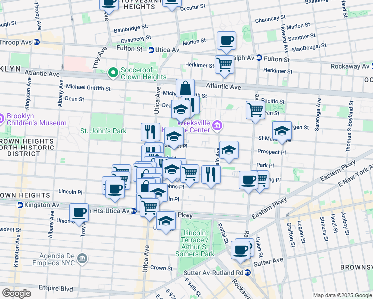 map of restaurants, bars, coffee shops, grocery stores, and more near 1505 Park Place in Brooklyn