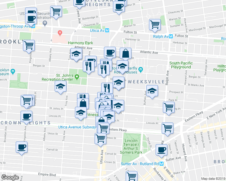 map of restaurants, bars, coffee shops, grocery stores, and more near 187 Utica Avenue in Brooklyn