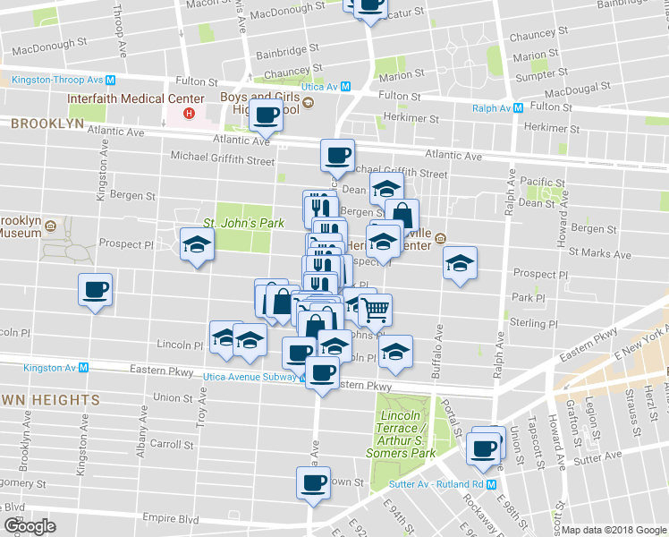 map of restaurants, bars, coffee shops, grocery stores, and more near 187 Utica Avenue in Brooklyn