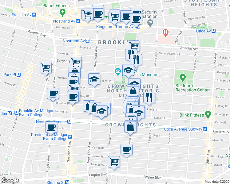 map of restaurants, bars, coffee shops, grocery stores, and more near 1043 Sterling Place in Brooklyn