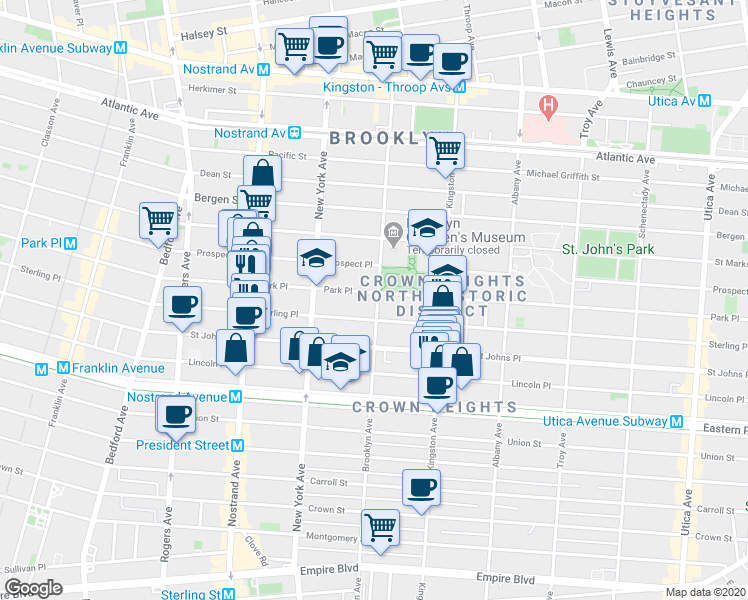 map of restaurants, bars, coffee shops, grocery stores, and more near 1001 Sterling Place in Brooklyn