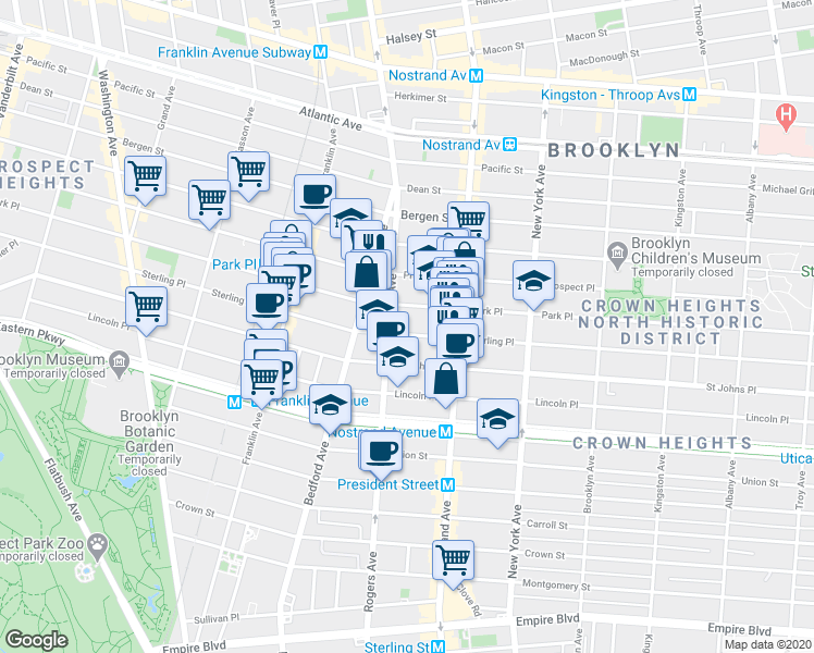 map of restaurants, bars, coffee shops, grocery stores, and more near 143 Rogers Avenue in Brooklyn