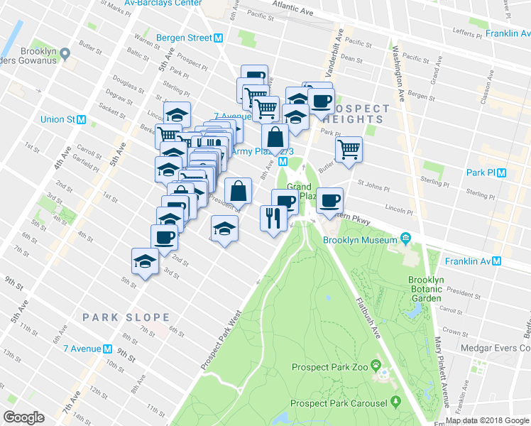 map of restaurants, bars, coffee shops, grocery stores, and more near 916 President Street in Brooklyn