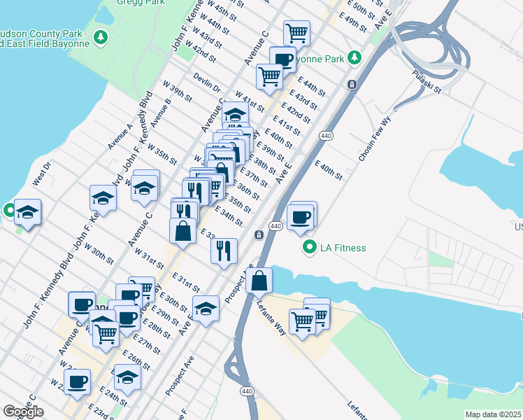 map of restaurants, bars, coffee shops, grocery stores, and more near 556 Avenue E in Bayonne