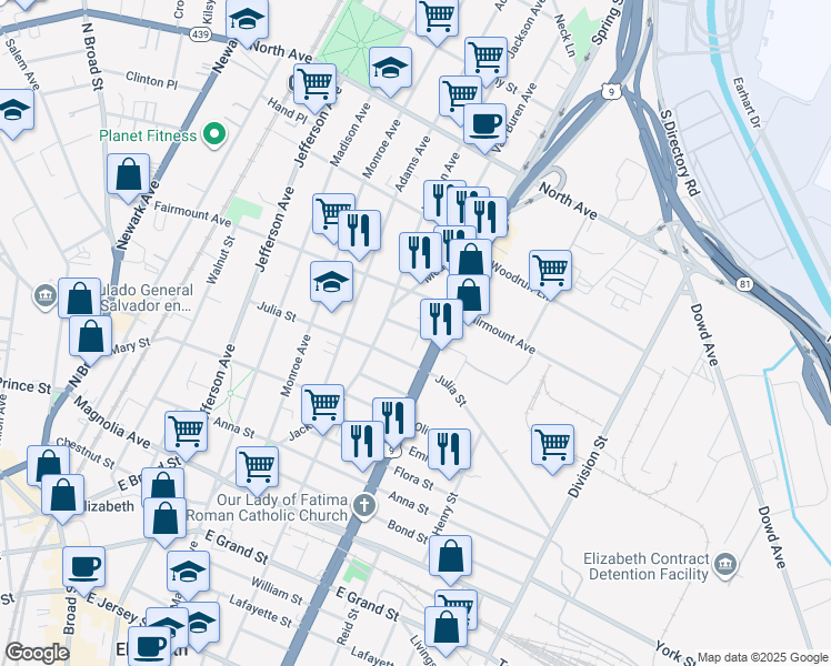 map of restaurants, bars, coffee shops, grocery stores, and more near 1021 Julia Street in Elizabeth