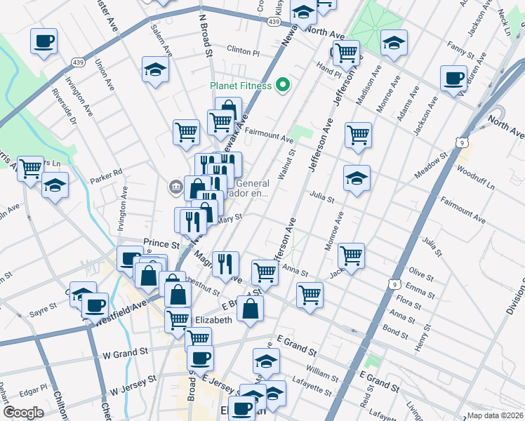 map of restaurants, bars, coffee shops, grocery stores, and more near 1174 Mary Street in Elizabeth