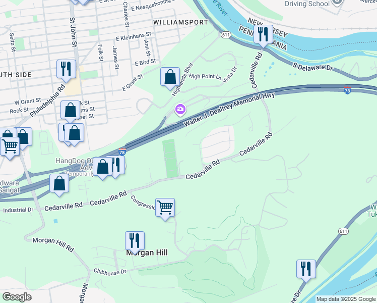 map of restaurants, bars, coffee shops, grocery stores, and more near 275 Cedar Park Boulevard in Easton