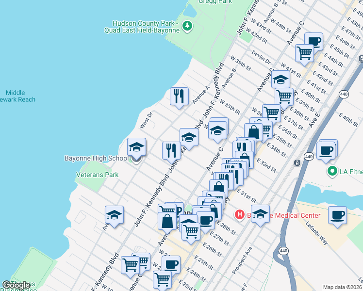 map of restaurants, bars, coffee shops, grocery stores, and more near 100 West 31st Street in Bayonne