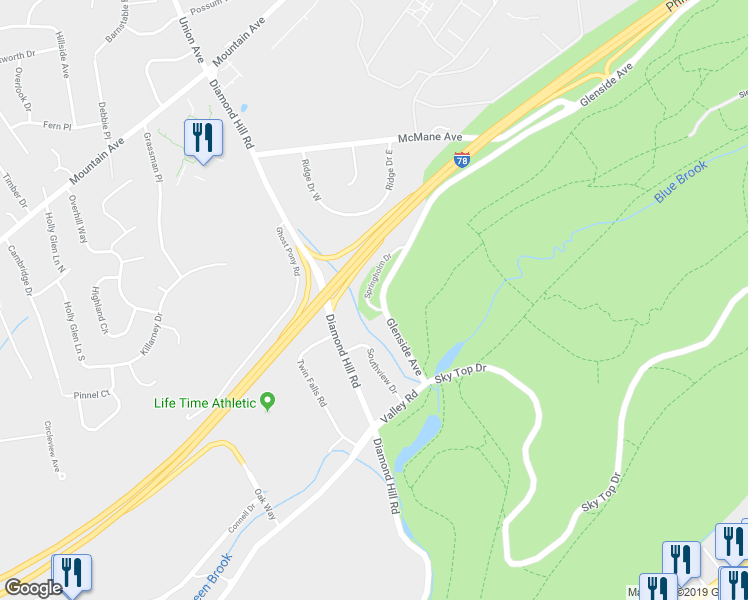 map of restaurants, bars, coffee shops, grocery stores, and more near 4 Springholm Drive in Berkeley Heights