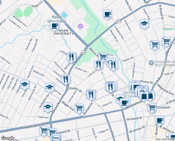 map of restaurants, bars, coffee shops, grocery stores, and more near 68 Decker Avenue in Elizabeth