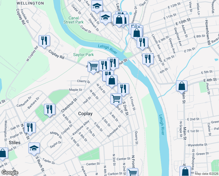 map of restaurants, bars, coffee shops, grocery stores, and more near 215 Coplay Street in Coplay