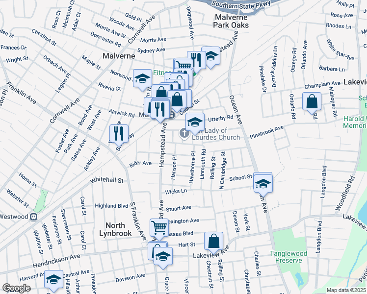 map of restaurants, bars, coffee shops, grocery stores, and more near in Malverne