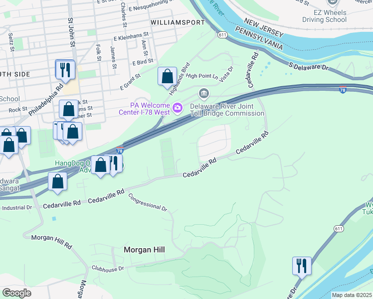 map of restaurants, bars, coffee shops, grocery stores, and more near 199 Cedar Park Boulevard in Northampton County