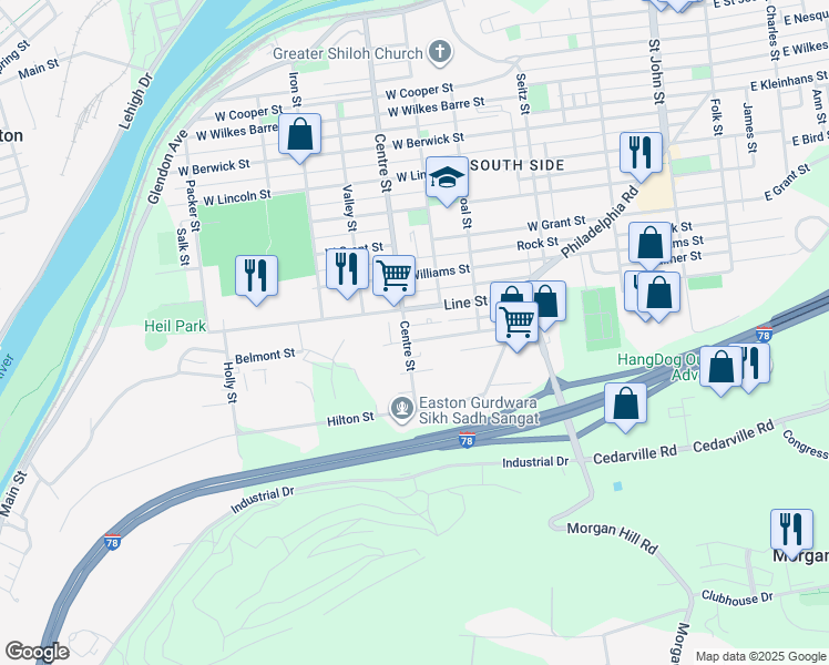 map of restaurants, bars, coffee shops, grocery stores, and more near 1105 Centre Street in Easton