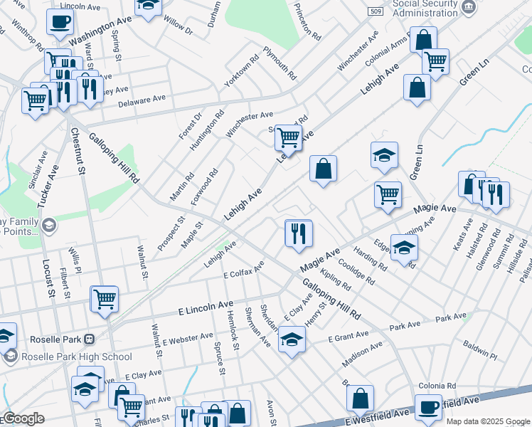 map of restaurants, bars, coffee shops, grocery stores, and more near 332 Trotting Road in Union