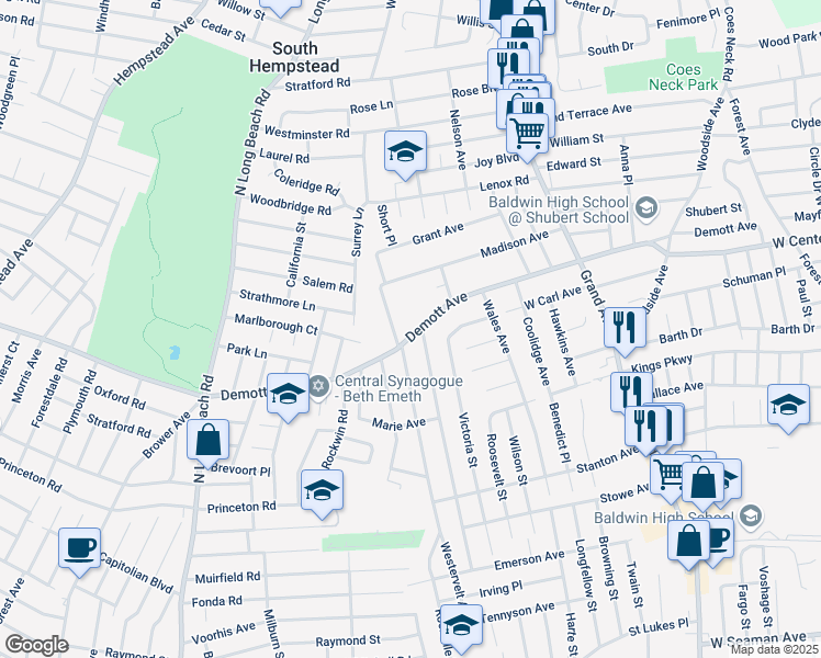 map of restaurants, bars, coffee shops, grocery stores, and more near 181 Kenneth Avenue in Baldwin
