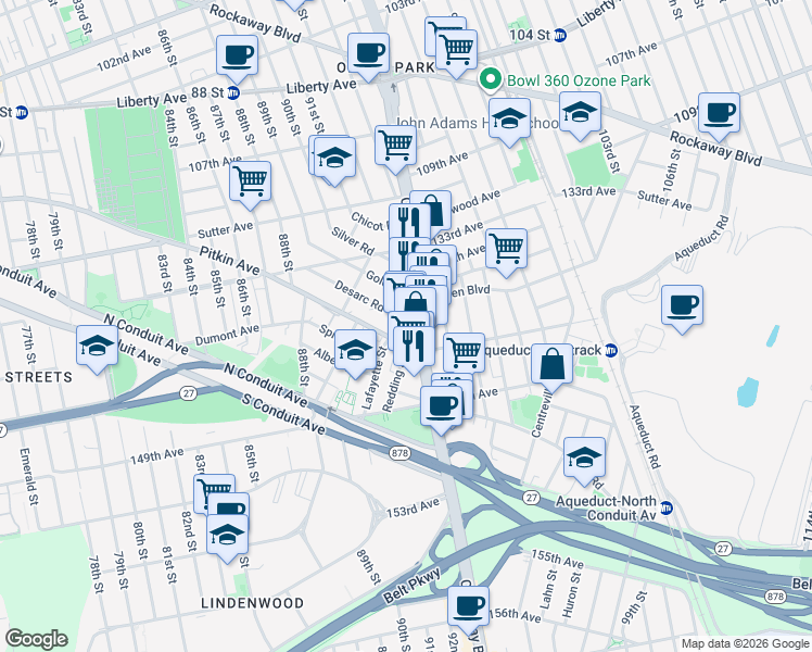map of restaurants, bars, coffee shops, grocery stores, and more near 135-26 Cross Bay Boulevard in Queens