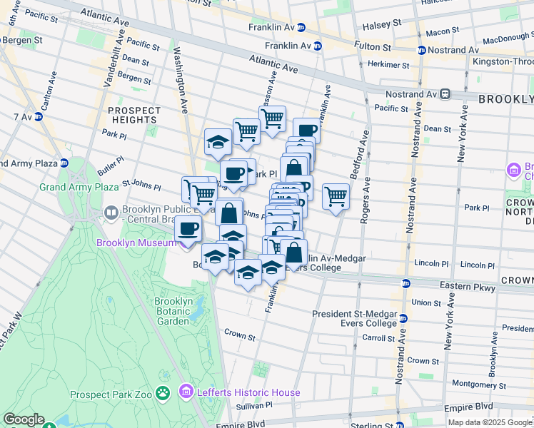 map of restaurants, bars, coffee shops, grocery stores, and more near 570 Saint Johns Place in Brooklyn