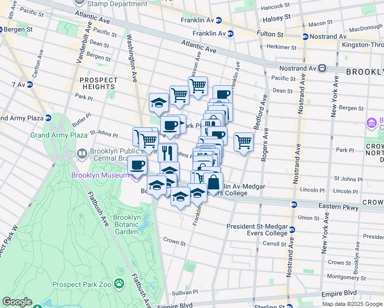 map of restaurants, bars, coffee shops, grocery stores, and more near 575 Saint Johns Place in Brooklyn