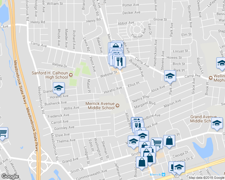 map of restaurants, bars, coffee shops, grocery stores, and more near 67 Clifton Place in Merrick