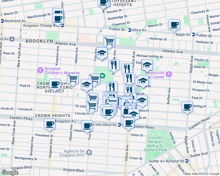 map of restaurants, bars, coffee shops, grocery stores, and more near 1328 Park Place in Brooklyn