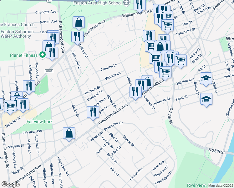 map of restaurants, bars, coffee shops, grocery stores, and more near 2811 Oregon Street in Easton