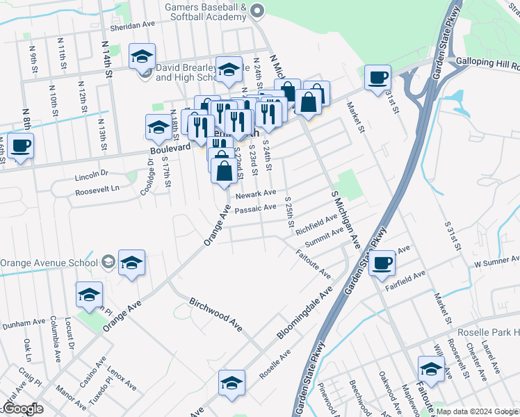 map of restaurants, bars, coffee shops, grocery stores, and more near Passaic Avenue & South 23rd Street in Kenilworth
