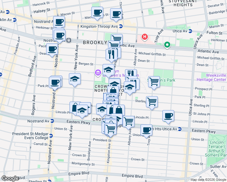 map of restaurants, bars, coffee shops, grocery stores, and more near 1080 Park Place in Brooklyn