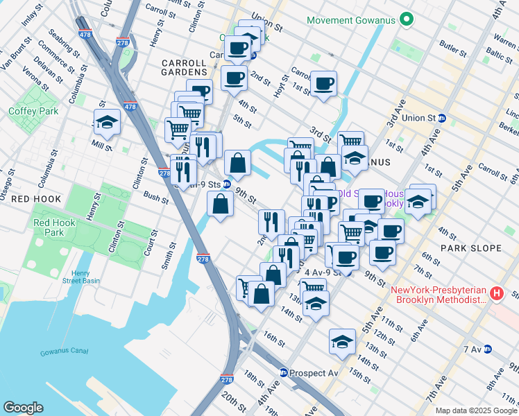 map of restaurants, bars, coffee shops, grocery stores, and more near 94 9th Street in Brooklyn