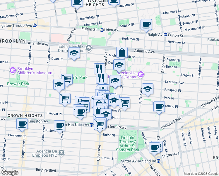map of restaurants, bars, coffee shops, grocery stores, and more near 1410 Prospect Place in Brooklyn