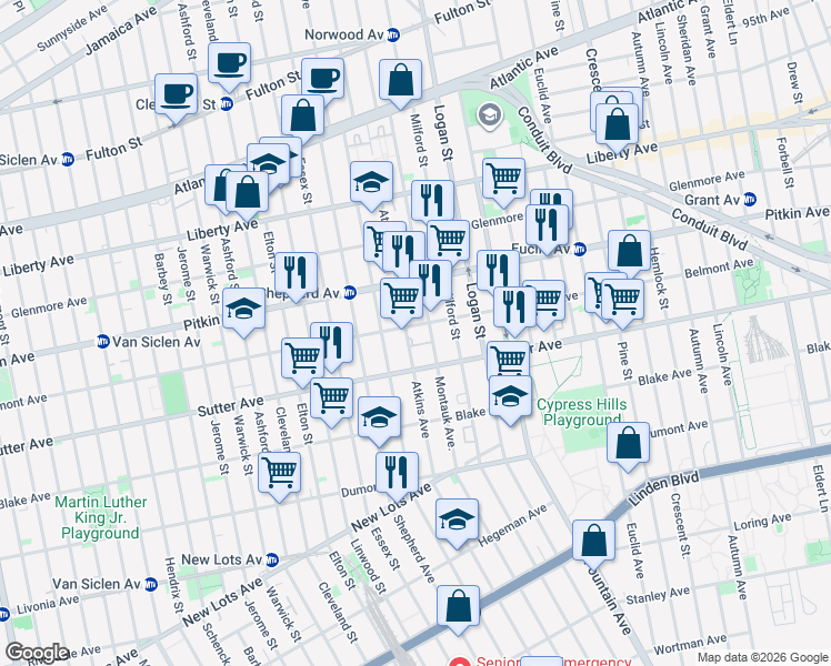map of restaurants, bars, coffee shops, grocery stores, and more near 260 Montauk Avenue in Brooklyn